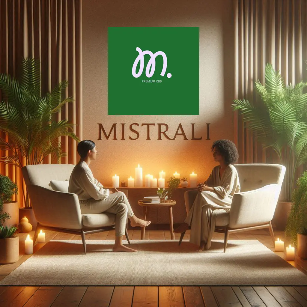 Img qui représente deux personnes qui discutent du bien être avce le logo Mistrali au dessus d'eux 